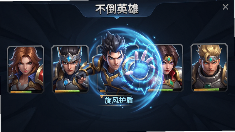 技能选择界面,《不倒英雄》多个英雄头像排成一排,中间英雄正在释放“旋风护盾”,周围有蓝色光效,界面简洁大方,画质高清,无多余文字。