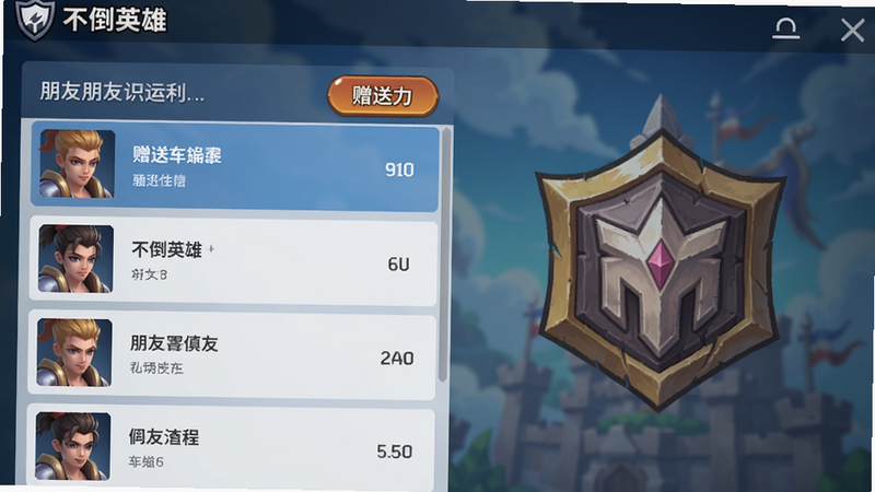 好友界面截图,《不倒英雄》显示好友列表、赠送体力按钮,背景有公会图标,界面清新简洁,突出社交元素,画质高清无多余文字。