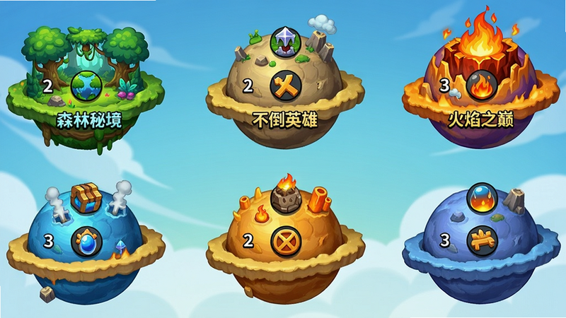 关卡选择地图,《不倒英雄》六大世界以星球形式排列,每个星球上有小图标代表关卡数,色彩鲜艳,画风卡通,清晰展示主题名称如“森林秘境”、“火焰之巅”,无多余元素。