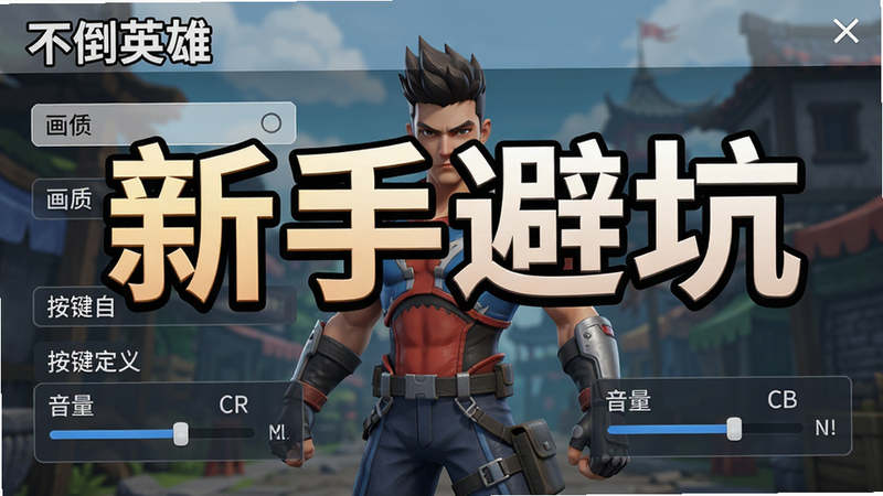 《不倒英雄》游戏设置界面,显示画质选项、按键自定义、音量调节等,界面整洁,文字清晰,突出“新手避坑”主题,画质高清无多余元素。