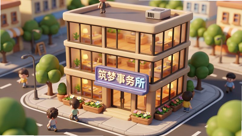 主体:筑梦事务所游戏主界面,展示一座外观时尚的多层事务所建筑,带有落地窗和霓虹灯招牌,招牌上写着“筑梦事务所”。布局:建筑居中,前景是绿树成荫的街道和行人。排版:俯瞰视角,建筑主体突出,道路延伸向远方。风格:卡通渲染,色彩明亮柔和,暖色调为主,细节丰富如窗户内的灯光、门口的花坛。画质:高清,干净无多余元素,光影自然。