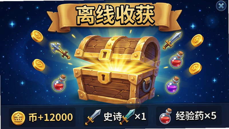 主体:《放置挂机两年半》离线收益结算界面,中央显示一个巨大的宝箱,宝箱开启后金光四射,周围飘落金币、武器、药水图标。上方横幅显示“离线收获”四个大字,下方列出具体物品:金币+12000、史诗剑×1、经验药水×5。布局:宝箱居中,物品列表横向排列,背景深蓝色星空。风格:游戏UI风格,光效华丽。细节:宝箱纹理清晰,金币有立体感,文字加粗描边。画质:超清,无多余UI干扰。