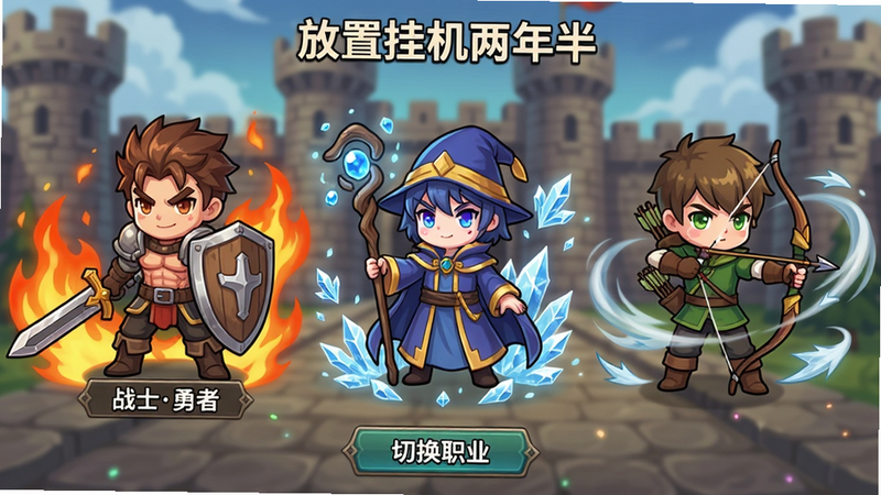 主体:《放置挂机两年半》职业选择界面,从左到右依次展示战士(持剑盾)、法师(持法杖)、弓箭手(持弓)三个立绘,下方有“切换职业”按钮。角色周围有对应元素的粒子特效(战士火焰、法师冰晶、弓箭手风刃)。布局:角色一字排开,背景为城堡城墙。风格:日系二次元,角色Q萌,色彩鲜艳。细节:每个角色脚下有职业名称标签,如“战士勇者”。画质:细腻,线条流畅,无多余元素。