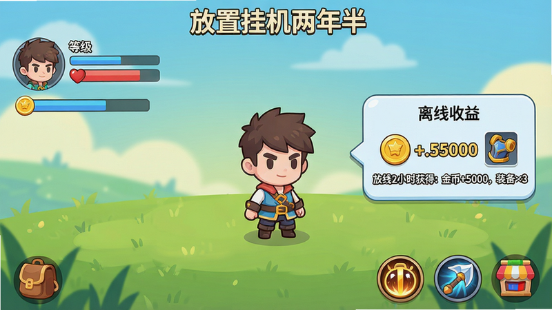 主体:《放置挂机两年半》游戏主界面,包含Q版角色站立在草原场景中央,左侧显示人物等级、血量、经验条,右侧悬浮“离线收益”气泡,底部有背包、技能、商店图标。布局:角色居中,UI围绕边缘,视觉重心突出离线收益数据。风格:卡通扁平,色彩明亮(草绿、天蓝、淡黄),细节:收益数值以金币、装备图标呈现,文字标注“离线2小时获得:金币+5000,装备×3”。画质:高清1080p,干净无多余元素,背景柔和渐变。