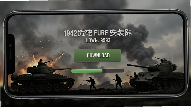 智能手机屏幕显示二战1942国际服安装器应用界面,背景是硝烟弥漫的二战战场,有坦克和士兵剪影,界面简洁,有下载按钮和进度条,风格写实,画质高清,干净无多余元素