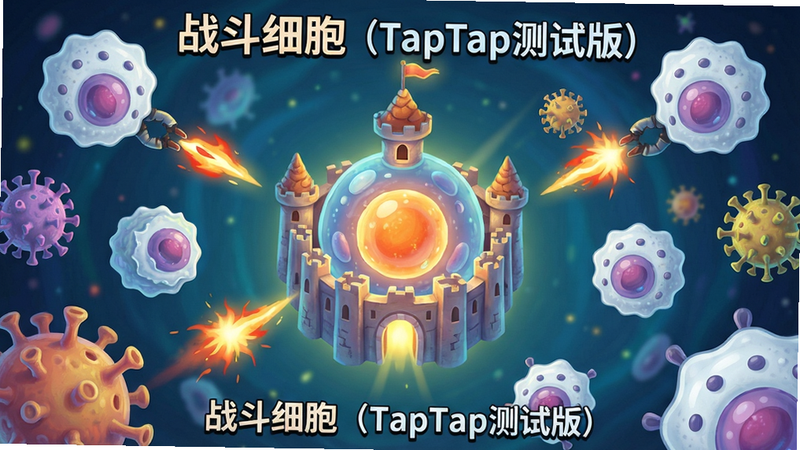 微观世界免疫细胞大战场景,中心发光细胞核城堡,周围白细胞、T细胞、病毒,卡通风格,明亮色彩,精细纹理,高清画质,文字