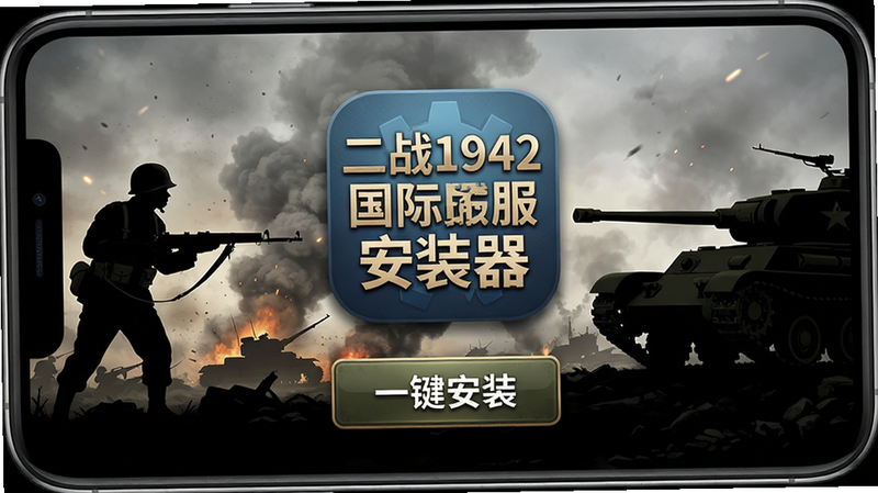 手机屏幕中央显示“二战1942国际服安装器”APP图标,背景是硝烟弥漫的二战战场,左侧有持枪士兵剪影,右侧是坦克轮廓,图标下方有“一键安装”按钮,整体风格写实且充满战地氛围,画面干净无多余元素,画质高清