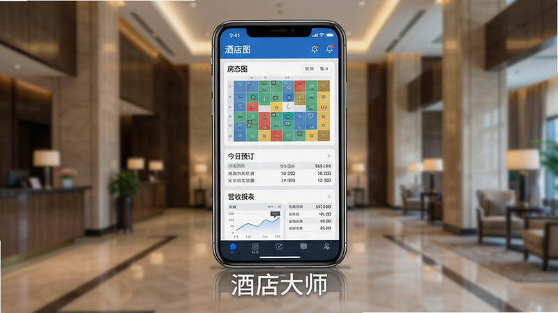 主体:酒店大师App在手机屏幕上展示酒店管理界面,界面包含“房态图”、“今日预订”、“营收报表”三个核心模块,背景虚化的酒店大堂。布局:居中构图,手机屏幕占画面中心约70%,手机下方显示“酒店大师”字样。排版:上下结构,上方手机屏幕清晰显示UI界面,下方为软件名称。风格:现代科技感,扁平化UI,色彩以蓝色和白色为主。细节:手机屏幕内数据图表清晰,房态图有不同颜色标记房间状态,营收报表显示数字。画质:8K超高分辨率,干净无多余元素。