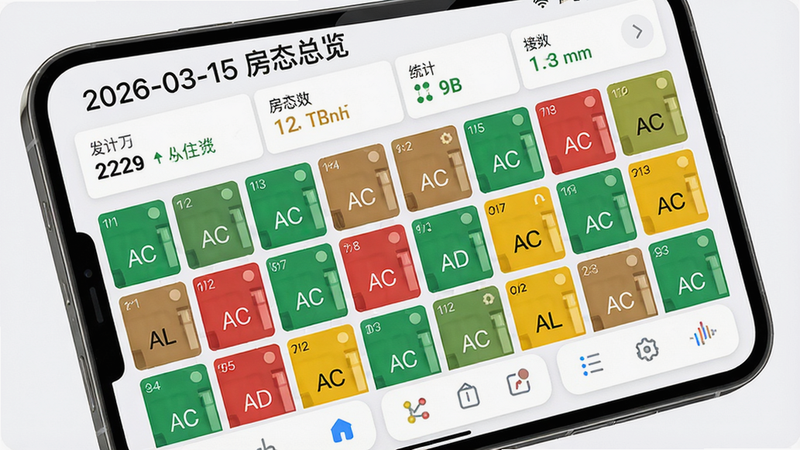 主体:酒店大师App的房态看板界面,手机屏幕显示一排排彩色方块代表房间,绿色、红色、黄色错落分布,顶部有“2026-03-15 房态总览”标题。布局:手机屏幕特写,横向展示多列房间方块。排版:界面上方为日期和统计数字,中间为房间矩阵,底部有操作工具栏。风格:清新简洁,颜色区分明显。细节:每个方块角落有微小房号数字,已订房间显示入住人姓名缩写。画质:高清晰度,无多余元素。