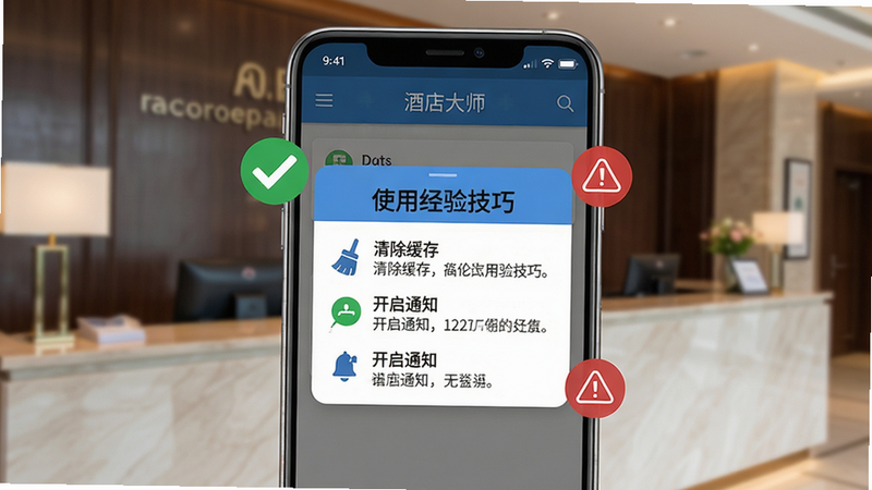 主体:一部安卓手机正在运行酒店大师App,屏幕显示“使用经验技巧”弹窗,周围有绿色对勾和红色警示图标。布局:手机居中,背景为酒店前台实景。排版:手机屏幕占画面三分之二,弹窗内容清晰可读。风格:教程风格,图文结合。细节:弹窗内有“清除缓存”“开启通知”等文字说明,手机边框有金属质感。画质:干净无多余元素,8K超清。