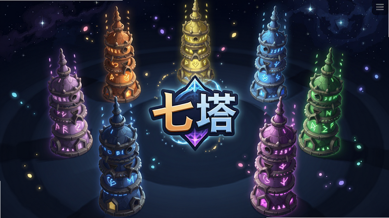 主体为七塔游戏主界面,展示七座不同颜色的高塔环绕排列,中央是游戏LOGO“七塔”二字,背景有星空与魔法光效。布局采用居中对称,风格为日系幻想风,细节包括塔身符文、漂浮的粒子特效,画质高清细腻,干净无多余元素。