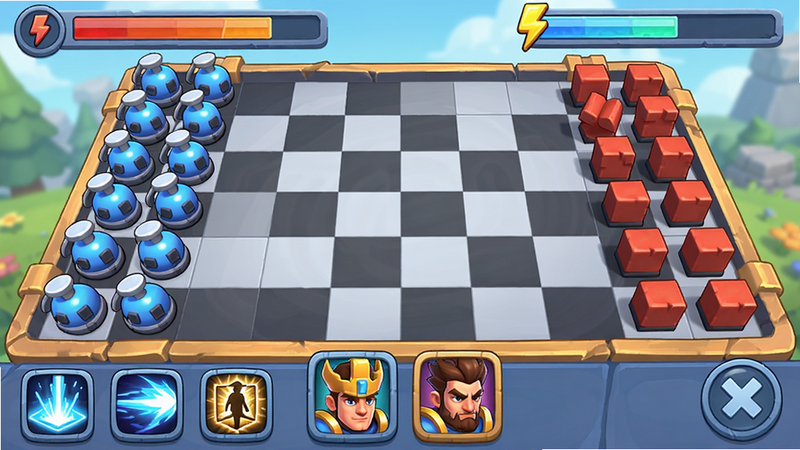 方圆之战游戏主界面截图,中央是棋盘格战场,左侧放置圆形兵种(蓝色),右侧放置方形兵种(红色),上方显示敌我兵力条和能量槽,底部有技能按钮和英雄头像。整体采用卡通渲染风格,色彩明亮饱和,光效柔和,画面干净无多余UI干扰,高清画质。