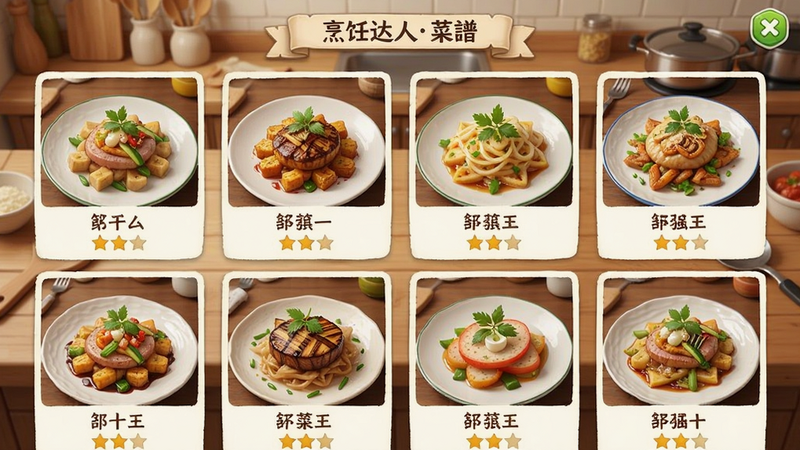 烹饪达人游戏内菜谱界面截图,展示多道精美菜肴的图片列表,每道菜有名称和星级,背景为木质厨房台面,风格清新,字体清晰,排版整齐,画质细腻,干净无多余元素。