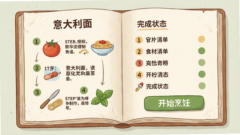 主体:厨房争夺战中的菜谱展示界面,一本打开的食谱,上面显示“意大利面”的制作步骤。布局:左侧步骤图,右侧食材清单和完成状态。排版:文字与图标结合,步骤序号清晰。风格:绘本风格,柔和色调。细节:食谱纸张纹理,食材图标如番茄、面条、罗勒叶;右侧有“开始烹饪”按钮。画质:高清,干净无多余元素。