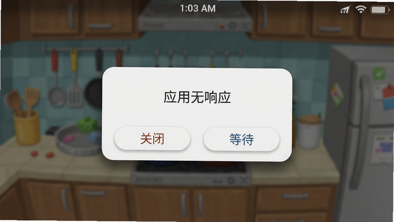 主体:手机屏幕上显示厨房争夺战游戏闪退提示弹窗,弹窗文字“应用无响应”。布局:弹窗居中,背景模糊处理。排版:弹窗有“关闭”和“等待”按钮。风格:写实手机截图风格。细节:状态栏显示时间,弹窗边缘阴影;按钮为圆角矩形。画质:高清,无多余元素。