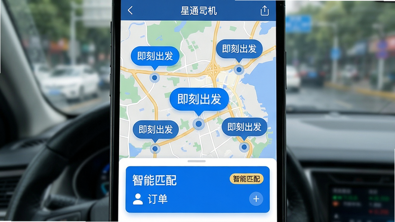 手机界面展示星通司机的智能派单状态,地图上以蓝色气泡标记乘客位置,气泡内显示“即刻出发”字样,底部订单卡片突出显示“智能匹配”标签,背景模糊处理突出主体,画质细腻,风格写实,无多余元素。