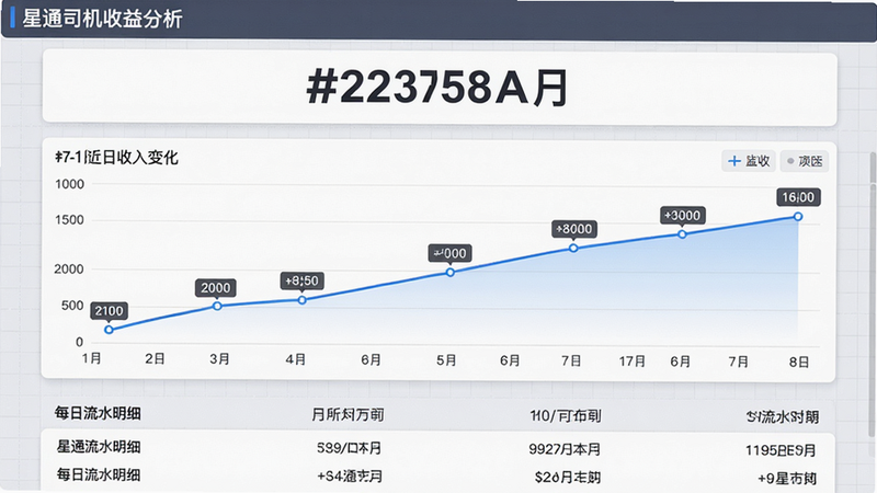 星通司机收益分析页面,顶部为总营收数字,中部为折线图展示近7日收入变化,底部列出每日流水明细,背景为淡灰色网格,数据标签齐全,画质精致无多余元素。