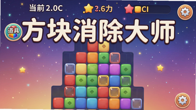 方块消除大师游戏主界面展示:彩色方块整齐堆叠在屏幕中央,顶部显示当前分数与连击数,左侧有“道具”按钮,右侧有“设置”图标;背景为渐变星空风格,整体布局简洁干净,卡通渲染风格,光线柔和,画质高清,无任何多余元素;图片上包含文字“方块消除大师”,字体圆润可爱。