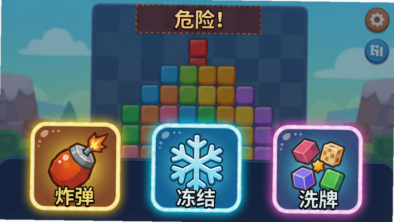 方块消除大师道具界面:屏幕底部排列三个道具图标“炸弹”、“冻结”、“洗牌”,每个图标都有发光边缘;背景是游戏主界面,方块堆叠至顶部,显示“危险!”提示;布局简洁,重点突出道具,卡通扁平风格,细节清晰,画质高清,无多余元素。