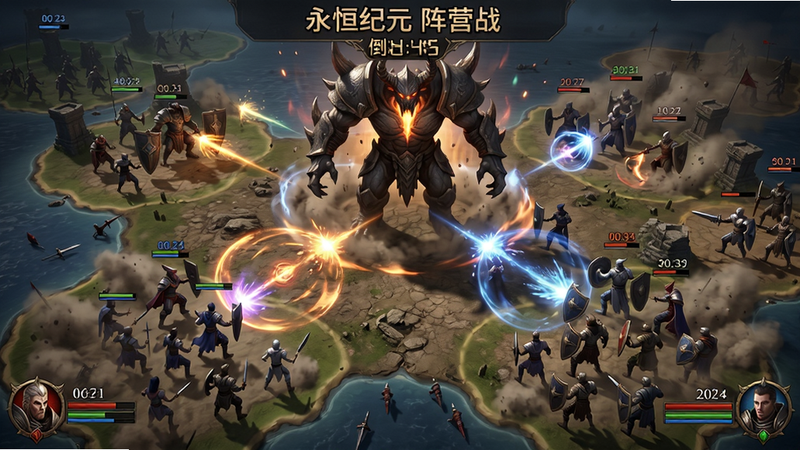 两个阵营的玩家在大地图上交战,中间有巨大的BOSS,屏幕上方显示“永恒纪元 阵营战”倒计时,构图采用俯视广角,风格为史诗战场写实,细节包括技能特效光晕、尘土粒子、玩家血条与头像,画质高清动态,无卡顿痕迹。