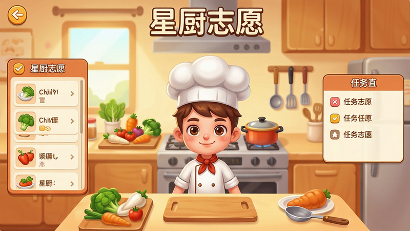 星厨志愿游戏主界面全景图,卡通风格,画面中央是一位戴着厨师帽的年轻角色,背后是明亮的厨房环境,灶台上摆放着各种食材和厨具,左侧有菜谱列表,右侧有任务提示,整体色调温暖明亮,布局整洁,画质精细,干净无多余元素,顶部居中显示“星厨志愿”四个字