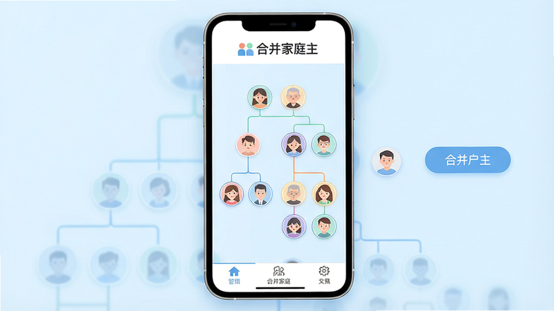 主体:合并家庭主软件主界面截图,显示家庭成员列表和家系图谱功能;布局:中心放置手机屏幕,屏幕内展示家庭树状图,顶部有“合并家庭主”Logo,底部功能标签;排版:手机居中,背景为淡蓝色渐变,整体干净;风格:扁平化UI设计,色彩柔和;细节:树状图节点为圆形头像,连线清晰,右侧有“合并户主”按钮;画质:高清,无多余元素,文字标出“合并家庭主”
