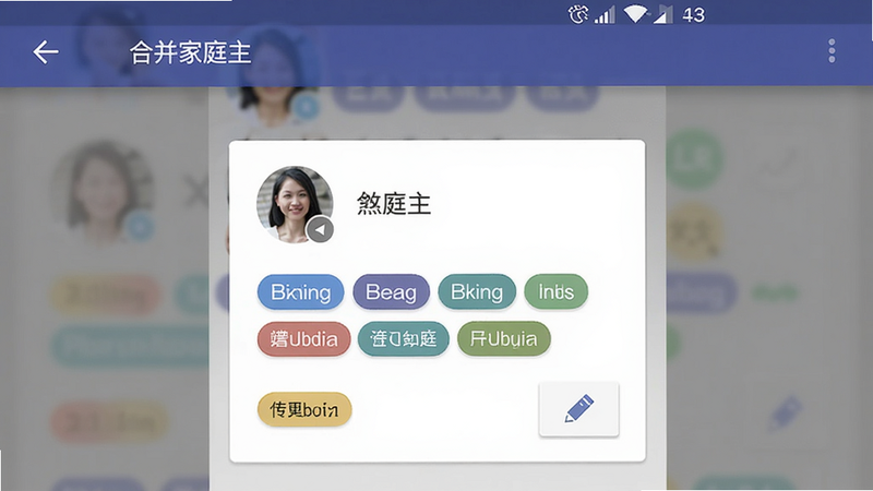 主体:合并家庭主成员关系编辑界面,显示一个成员详情卡片;布局:卡片在屏幕中央,顶部有头像和姓名,下方有各种关系标签和编辑按钮;排版:卡片式设计,标签清晰排列;风格:移动端Material Design;细节:头像可点击更换,标签颜色区分不同关系;画质:高清,文字“合并家庭主”在顶部导航栏