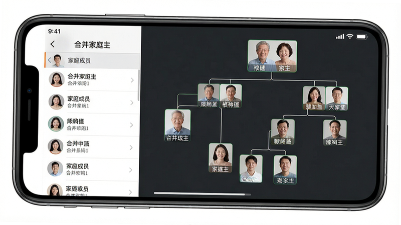 主体:合并家庭主手机使用场景,用户正在查看家系图谱;布局:手机横屏显示,左侧有家庭成员列表,右侧是树状图;排版:横屏模式,内容充满屏幕;风格:真实手机截图风格;细节:屏幕上有“合并家庭主”字样,树状图线条清晰,节点有头像和名字;画质:高清,干净无多余元素