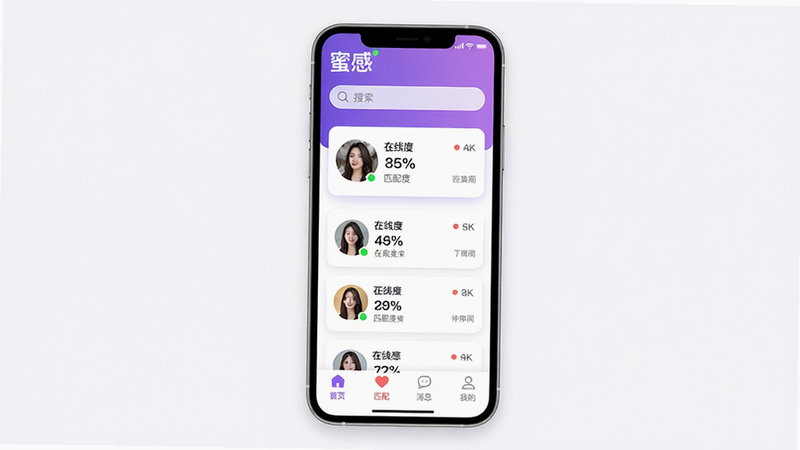 ���壺�۸�App����������չʾ���ֻ���Ļ������ʾӦ�������棬����Ϊ���·����ṹ�������С��۸С�logo���������в�Ϊ��Ƭʽƥ���û��б����ײ�Ϊ����������ҳ��ƥ�䡢��Ϣ���ҵģ����Ű����࣬ʹ�ý�����ɫ���ɫ��ɫ������ִ����£�ϸ�ڰ����û�ͷ������״̬Բ�㡢ƥ��Ȱٷֱ����֣�����Ϊ4K���壬�ɾ��޶���Ԫ�ء�