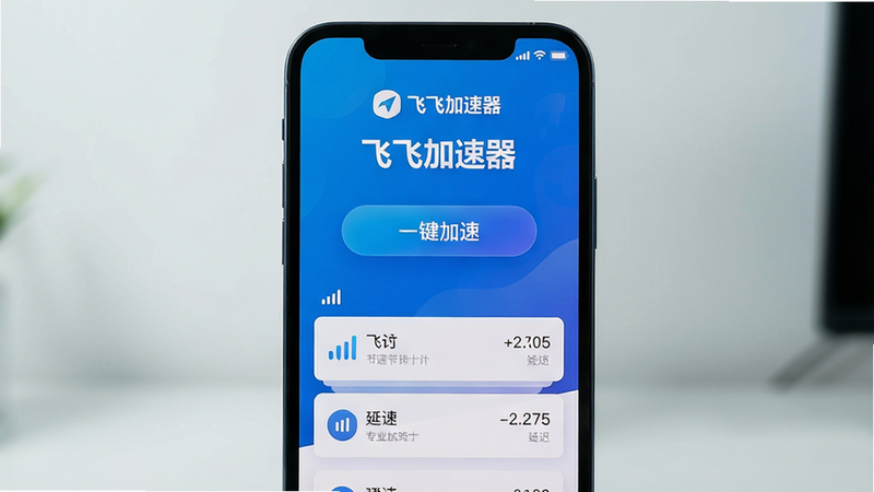 一张展示飞飞加速器主界面的实拍图,主体为手机竖屏截图居中,顶部显示“飞飞加速器”品牌LOGO,中间有醒目的“一键加速”按钮,背景为渐变的科技蓝色,节点列表以卡片形式排列,风格简洁现代,细节包括信号图标和延迟数值,画质超清,画面干净无多余元素,整体给人专业高效之感。