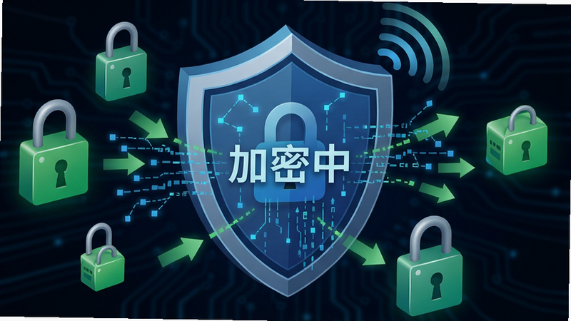 一张飞飞加速器安全加密的示意图,主体为一个盾牌图标与网络数据流结合的视觉设计,布局盾牌位于中心,周围环绕加密锁和绿色数据包箭头,风格为科技信息安全风格,细节包含“加密中”文字和信号波纹,画质清晰,整体严谨专业。