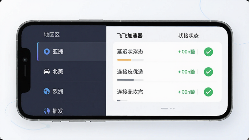 一张飞飞加速器节点选择界面的概念图,主体为手机屏幕展示,布局左侧为地区列表(亚洲、北美、欧洲等),右侧对应显示延迟和状态,排版整齐,风格为扁平化科技风,细节包含绿色对勾表示连接成功,画质细腻,整体干净利落,突出智能优选功能。