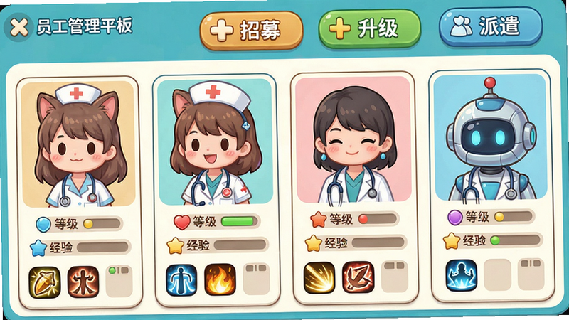 主体:逗趣医院游戏软件V2.1.0的员工管理面板,布局:角色立绘卡片排列,下方显示等级、经验、技能图标,排版:顶部有“招募”“升级”“派遣”按钮,风格:可爱二次元,细节:医生有不同造型如猫耳护士、机器人医生,画质:高清、干净、无多余元素