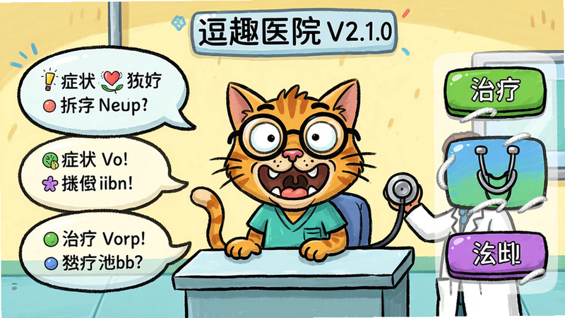 主体:逗趣医院游戏软件V2.1.0中的诊断场景,布局:病人的搞笑形象(如戴眼镜的猫)站在问诊台前,医生拿着听诊器,排版:左侧是症状描述气泡,右侧是治疗选项按钮,风格:卡通手绘,色彩鲜艳,细节:病人表情夸张,画质:高清、干净、无多余元素