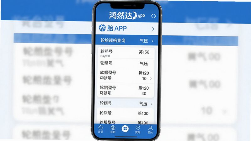主体:鸿然达轮胎APP界面截图,布局:中心显示轮胎规格查询页面,顶部有品牌logo,底部导航栏,风格:扁平化设计,蓝白配色,细节:列表中有轮胎型号和气压数值,画质:4K高清,干净无多余元素