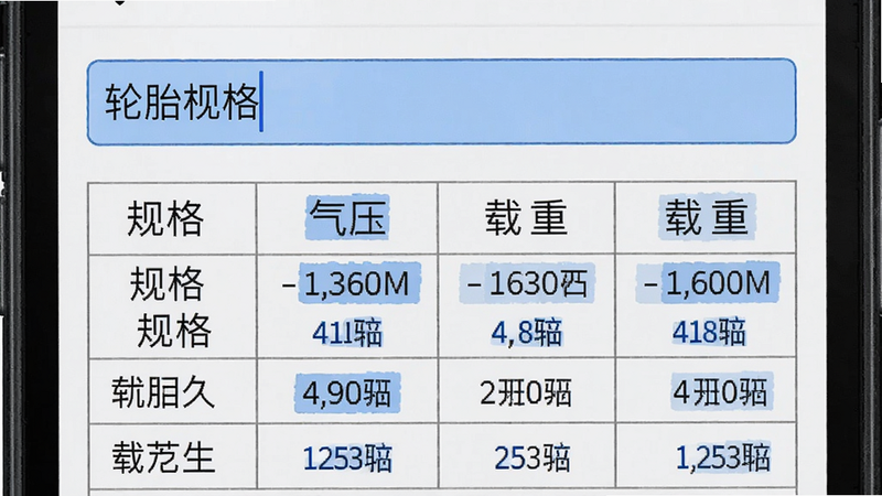 主体:手机屏幕显示轮胎规格查询结果,布局:上方输入框,下方显示轮胎参数表格,包括规格、气压、载重等,风格:清晰表格,白色背景,细节:数据用蓝色字体高亮,画质:高清,干净