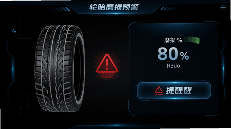 主体:轮胎磨损预警界面,布局:左侧显示轮胎花纹深度示意图,右侧有磨损百分比和提醒按钮,风格:科技感,深色背景,细节:红色预警图标闪烁,画质:高清
