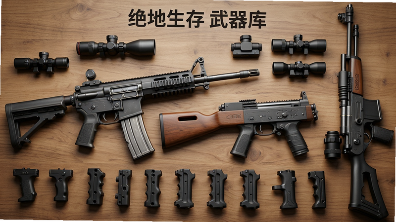 一张武器展示图,主体为多把枪械和配件整齐排列在木桌上,包括M416、AKM、狙击枪、倍镜、握把等。布局为俯拍平铺,风格写实,细节包含枪身金属质感、刻度纹理、弹匣反光。画质高清,干净无多余元素,图片中显示文字“绝地生存 武器库”。