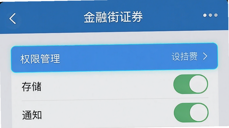 一张手机操作示意图,展示金融街证券App的设置页面,其中“权限管理”选项被高亮,下方有“存储”“通知”开关。图片风格为UI界面截图,高清,无多余元素,文字清晰。