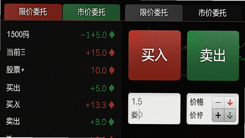 金融街证券交易下单页面的高清截图,左侧显示股票代码和当前价格,右侧有“买入”和“卖出”两个大按钮,下方可输入数量和价格,顶部有“限价委托”“市价委托”标签。整体布局对称,色彩以红绿区分涨跌,画质清晰。