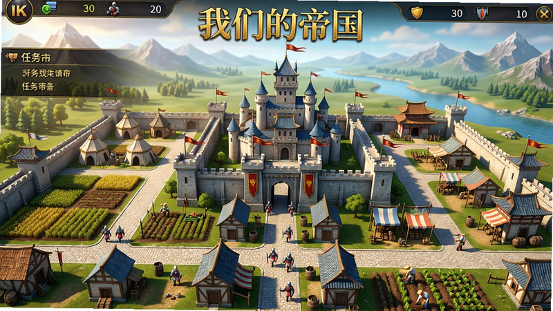 主体:游戏主界面截图,展示一座繁荣的城市,中心有城堡,周围是农田、兵营、市场等建筑,远处有山脉和河流。布局:画面居中对称,城堡高耸,建筑整齐排列,道路清晰。排版:UI图标简洁,资源栏在顶部,任务提示在左侧。风格:写实中世纪欧洲与亚洲混合风格,色彩鲜艳,光影柔和。细节:士兵在街道巡逻,农民在田间劳作,城门上有旗帜飘扬。画质:4K超清,光影逼真,无多余元素。文字:顶部标题“我们的帝国”使用金色古典字体。
