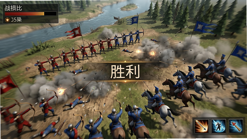 主体:大规模战场俯视图,红色方与蓝色方军队激烈交锋,弓手在后排射击,骑兵冲锋。布局:战场占据画面中央,双方阵营分明,地形有河流和树林。排版:左上角显示战损比,右下角有技能按钮。风格:写实战争风格,带有烟雾和尘土特效。细节:士兵倒地、箭矢飞射、旗帜挥舞。画质:动态模糊效果,光影真实。文字:屏幕中央弹出“胜利”字样。