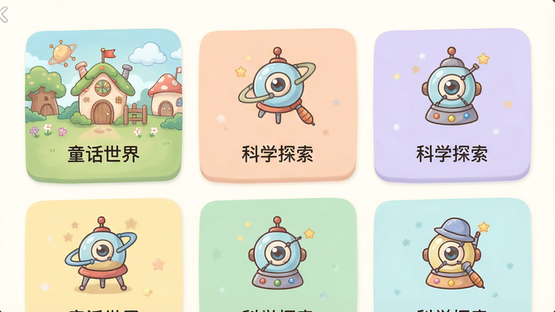 口袋故事故事分类界面,展示多个主题卡片如“童话世界”、“科学探索”,色彩柔和,卡通图标,布局整齐,高清画质,无多余元素