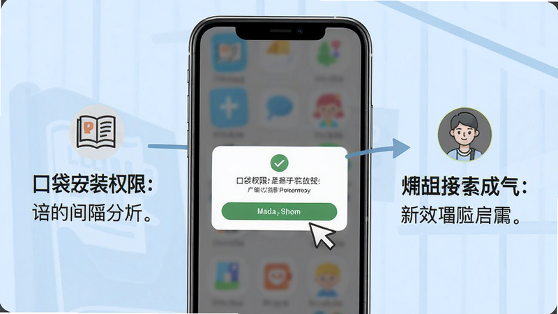 口袋故事使用指南步骤示意图,手机屏幕展示安装权限提示,清晰文字说明,简洁风格,画质干净