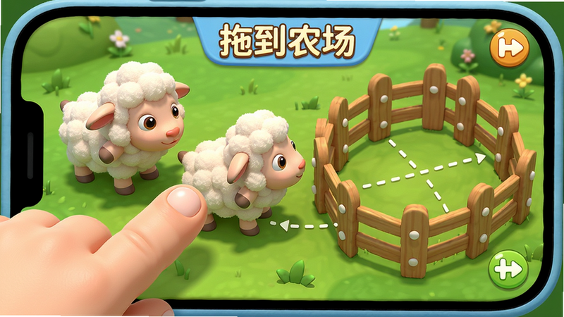 主体:儿童动物拖拖乐拖拽操作界面,宝宝手指拖动小羊到栅栏圈。布局:左侧动物,右侧栅栏,虚线引导。排版:手指特写,动物清晰。风格:3D卡通。细节:小羊毛茸茸,手指圆润。画质:高清,文字显示