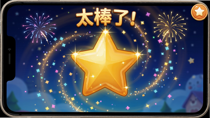 主体:儿童动物拖拖乐奖励界面,屏幕出现星星和烟花。布局:中央大星星,周围粒子。排版:旋转动画。风格:节日烟花。细节:星星金色闪光。画质:高清,文字显示