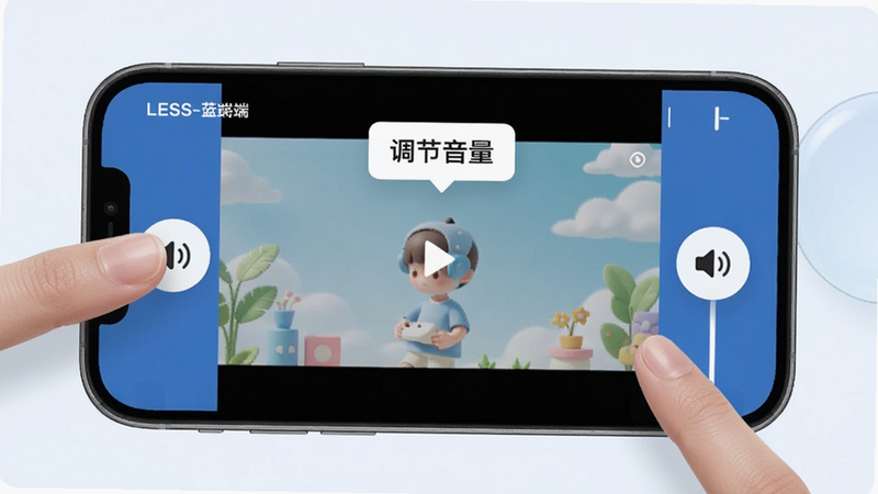 主体:LESS-蓝端播放界面手势演示,布局:手机屏幕中心显示视频,手指在屏幕边缘滑动,显示音量图标变化,风格:清新明亮,细节:界面有浮动提示“调节音量”,画质:干净无多余元素