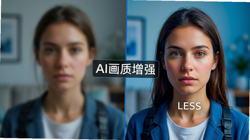 主体:画质对比示意图,布局:左右分屏,左半为原始模糊画面,右半为经LESS-蓝端优化后的清晰画面,风格:写实,细节:右侧画面边缘锐利,色彩鲜艳,文字“AI画质增强”标注在分割线处,画质:高保真,干净无多余元素