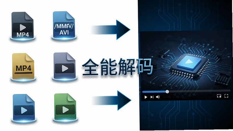 主体:解码引擎工作示意图,布局:左侧显示各种视频格式图标(MP4/MKV/AVI等),右侧是播放画面,中间箭头表示转换,风格:科技感蓝黑渐变,细节:图标带有光影效果,文字“全能解码”浮在画面中央,画质:高分辨率,干净无多余元素
