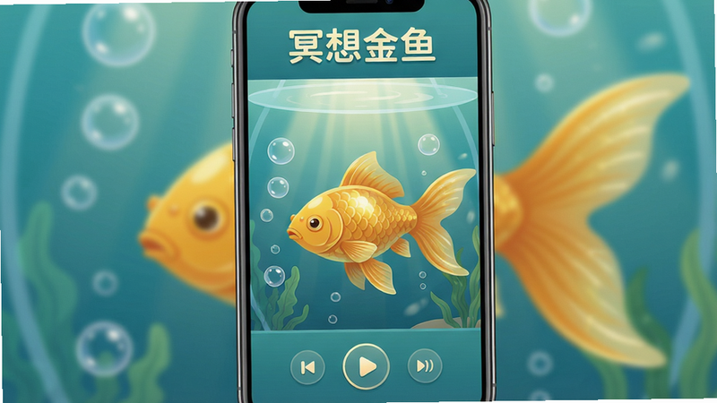 主体:冥想金鱼应用界面,布局:手机屏幕居中,显示清澈的水族箱背景,一条金色金鱼缓缓游动,周围有漂浮的水泡和柔和的光线。排版:界面顶部有“冥想金鱼”文字标题,底部有播放控制按钮。风格:扁平化插画风格,色彩以蓝绿色和金色为主,温暖宁静。细节:金鱼身上的鳞片有光泽,水泡透明,背景有轻微动态模糊。画质:高清,干净,无多余元素。